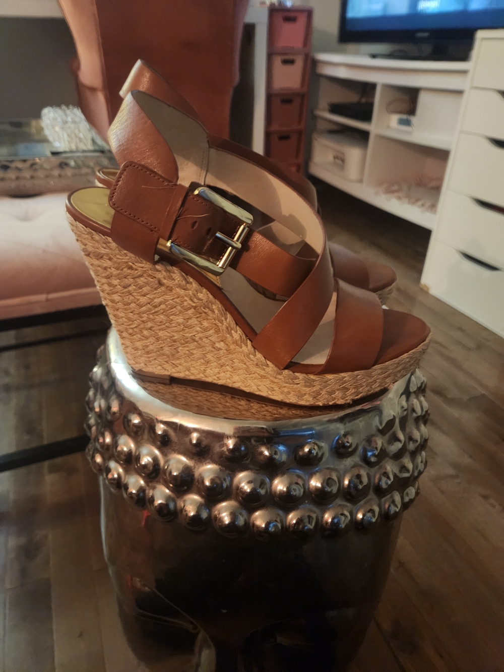 Michael Kors Tan Leather Espadrille Wedge Sandals